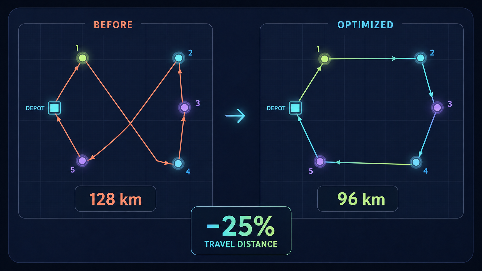 Route optimization reduces travel distance from 128 km to 96 km